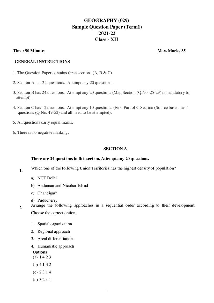 CBSE Class 12 Sample Paper 2022 For Geography Term 1