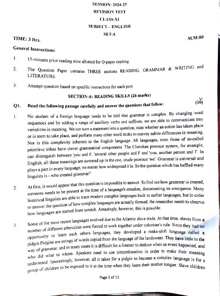 Class 11 Revision Test 2024-25 Question Paper English - Page 1 of 11