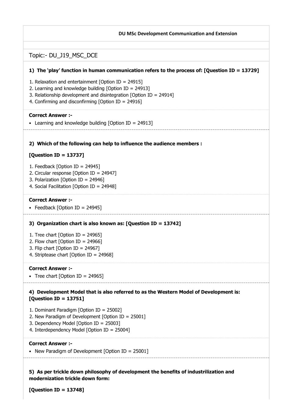 DUET Question Paper 2019 for M.Sc Development Communication and Extension - Page 1