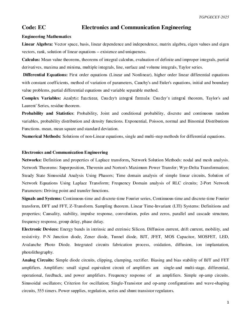 TS PGECET 2025 Syllabus for Electronics and Communication Engineering (EC) - Page 1 of 2