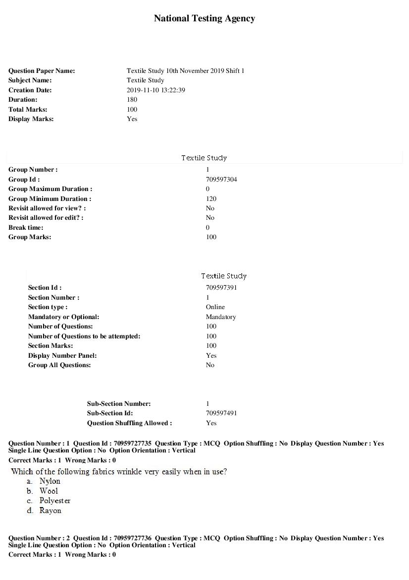 SWAYAM 2019 Question Paper Textile Study - Page 1 of 20