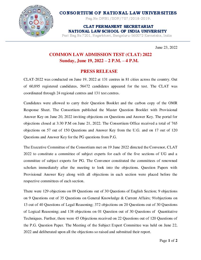 CLAT 2022 Press Release - Number of Students Appeared, Objections, Final Answers - Page 1