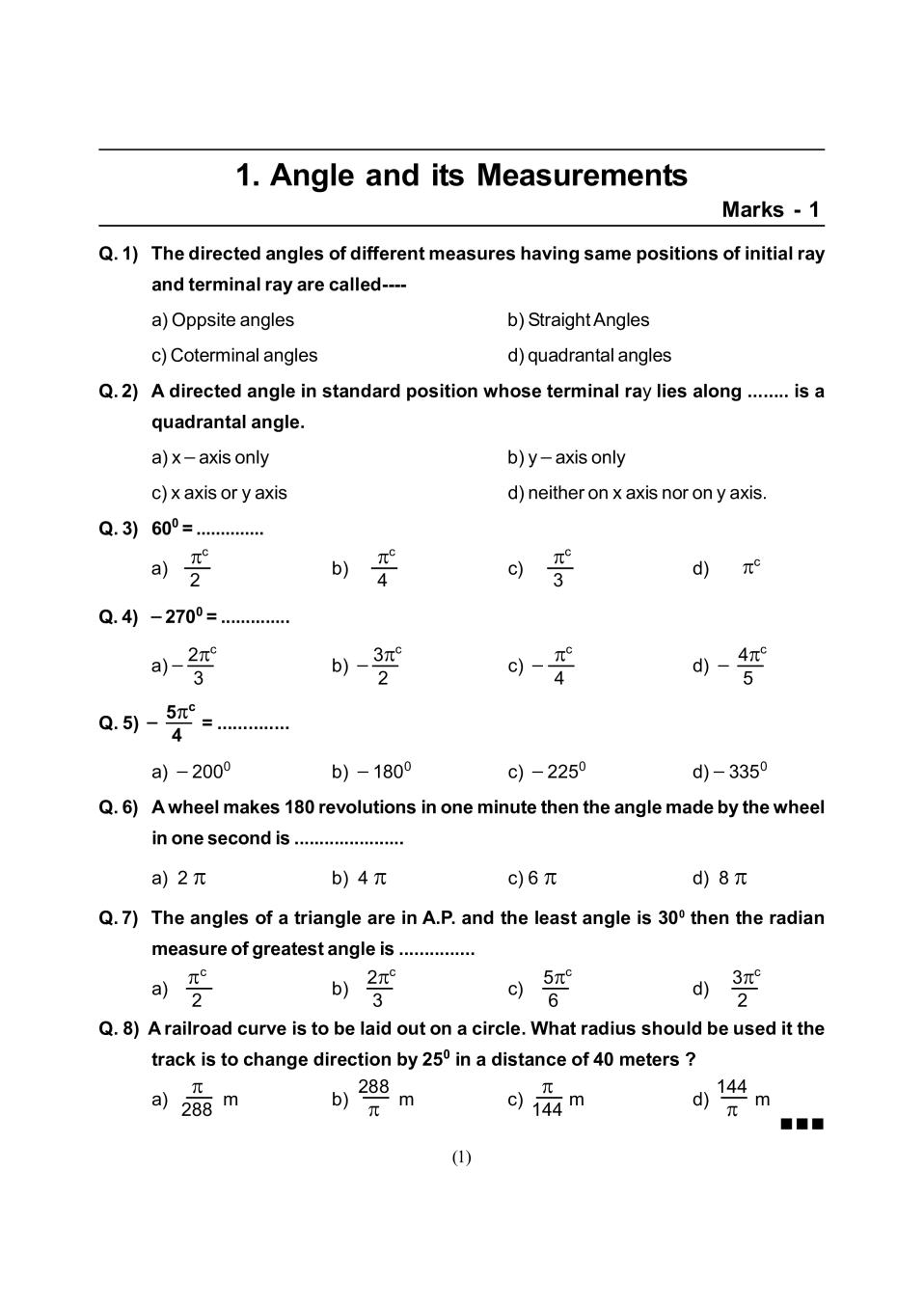 Maharashtra Board Class 11 Question Bank of Maths - Page 1