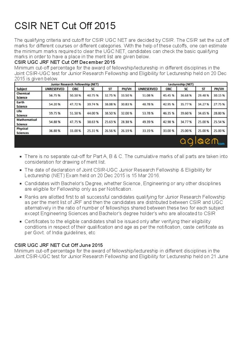 CSIR NET Cut Off 2015 - Page 1