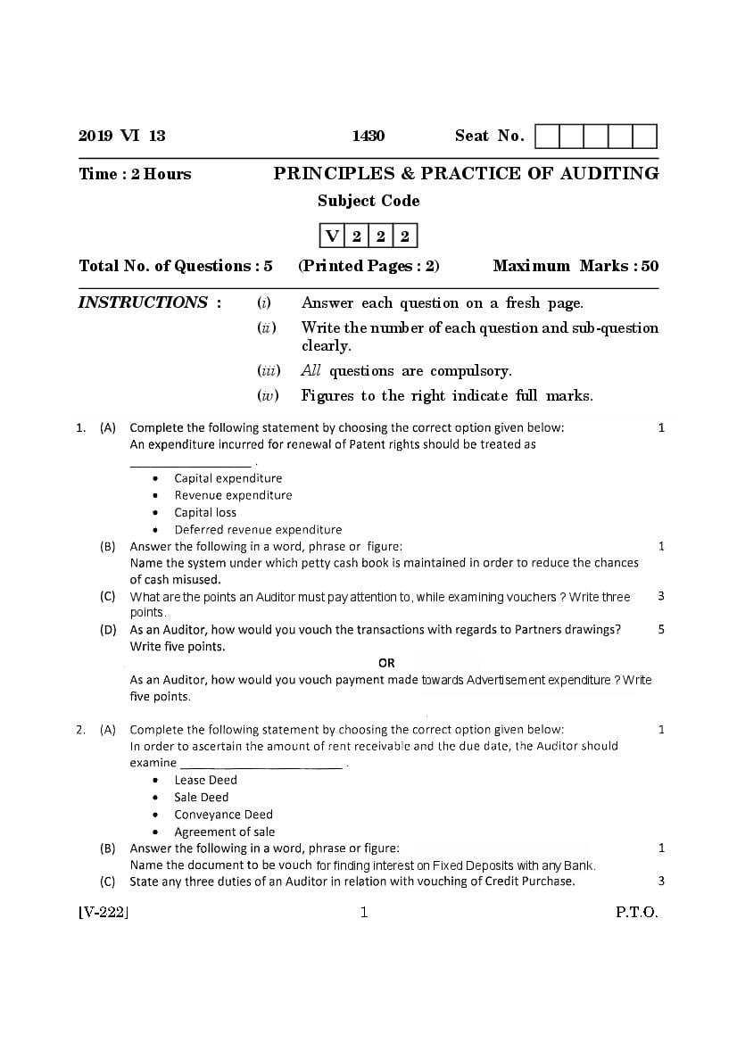 Goa Board Class 12 Question Paper June 2019 Principles and Practice of Auditing - Page 1