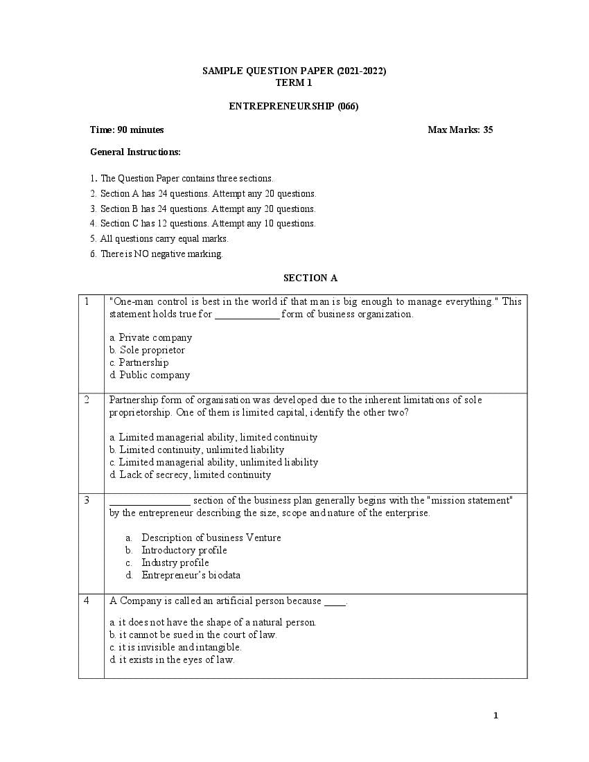 CBSE Class 12 Sample Paper 2022 for Entrepreneurship Term 1 - Page 1