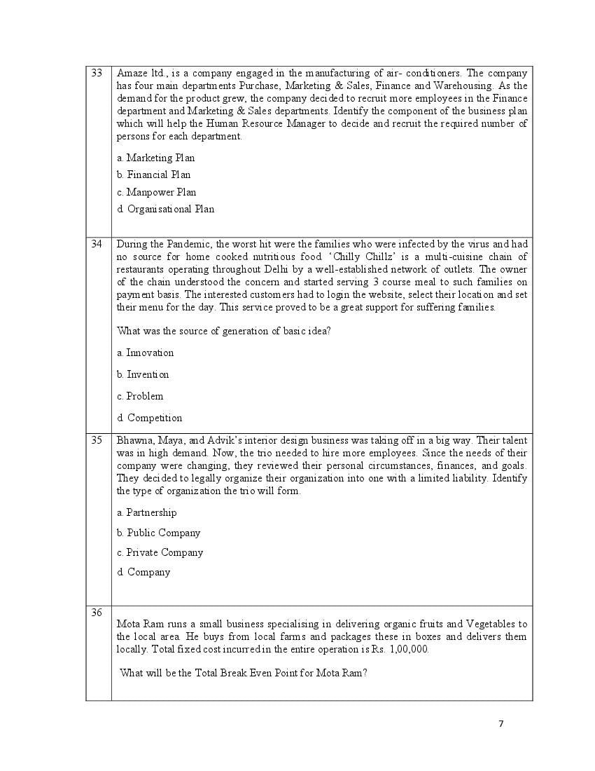 Cbse Sample Paper 2022 Class 12 Entrepreneurship Term 1 Pdf Download 4531