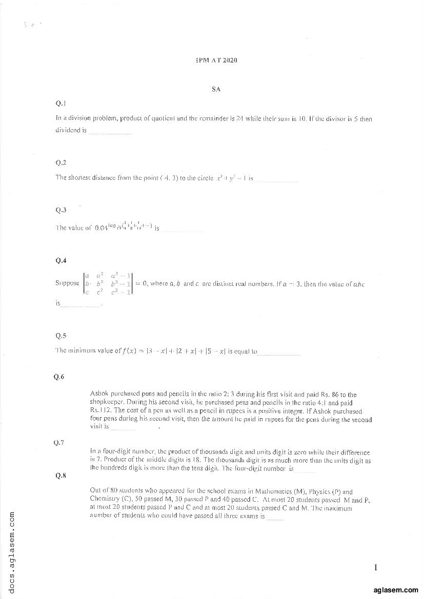 IPMAT 2020 Question Paper - Page 1