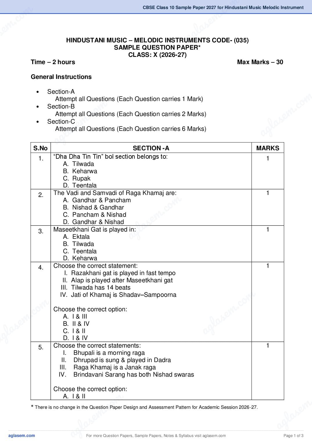 CBSE Class 10 Sample Paper 2027 for Hindustani Music Melodic Instrument - Page 1 of 3