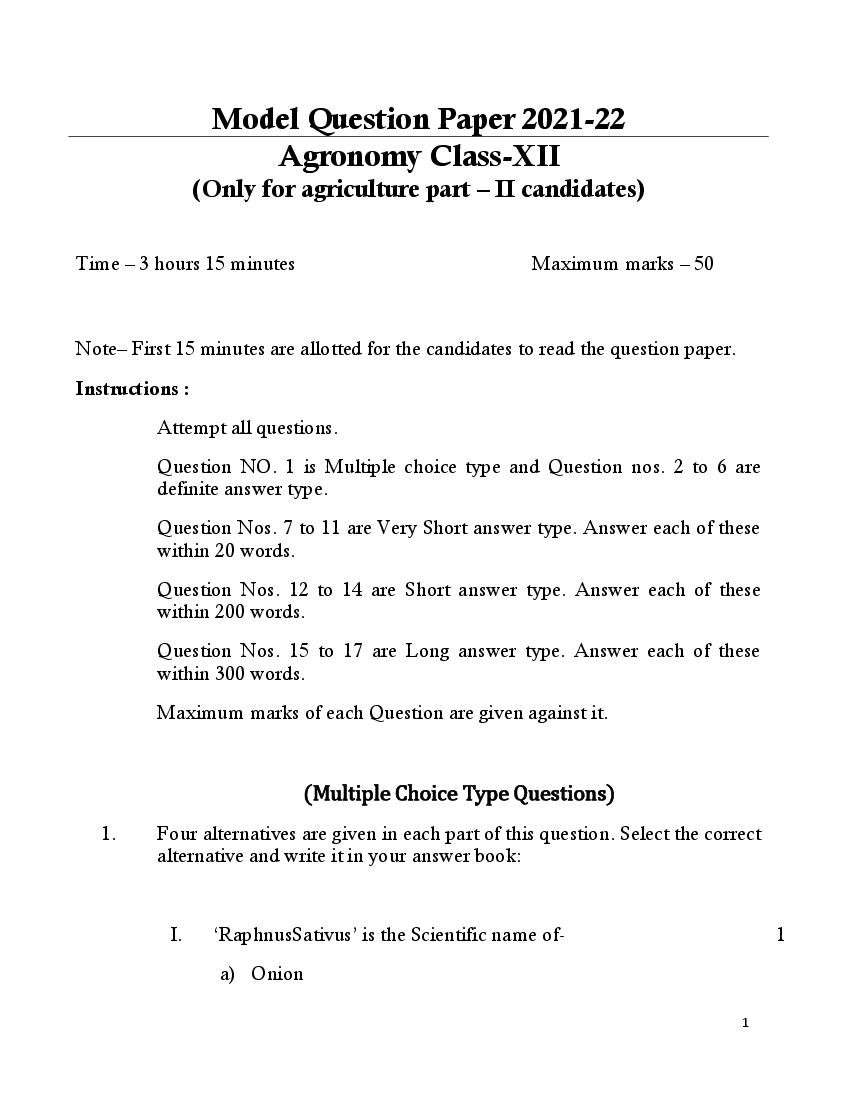 UP Board Class 12th Model Paper 2023 Agronomy - Page 1