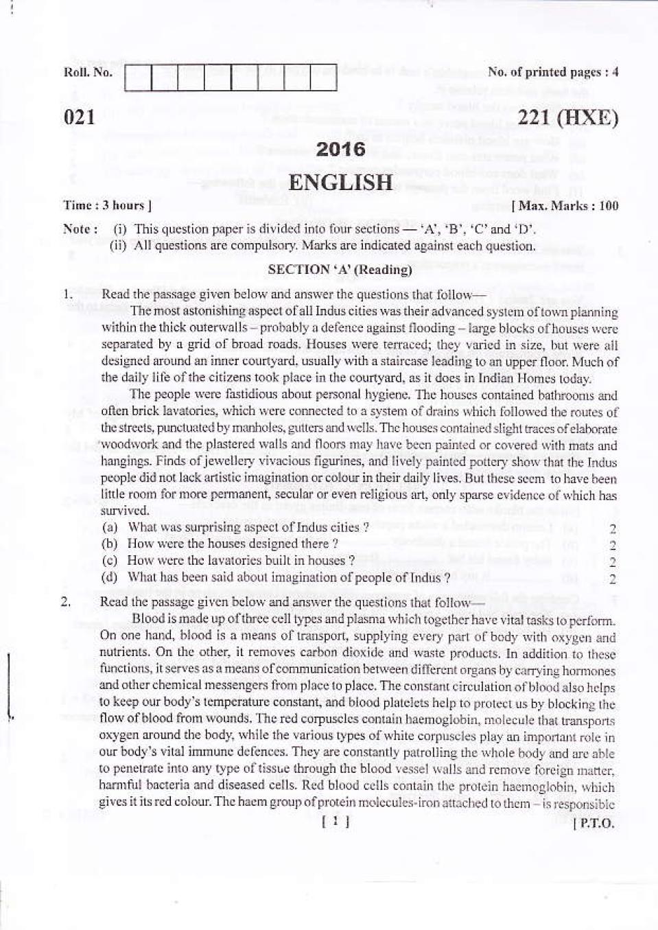 Uttarakhand Board Class 10 Question Paper 2016 for English - Page 1