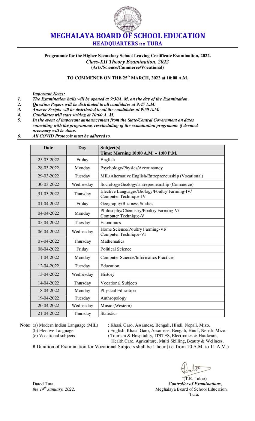 Meghalaya Board Class 12 2022 Theory Time Table - Page 1