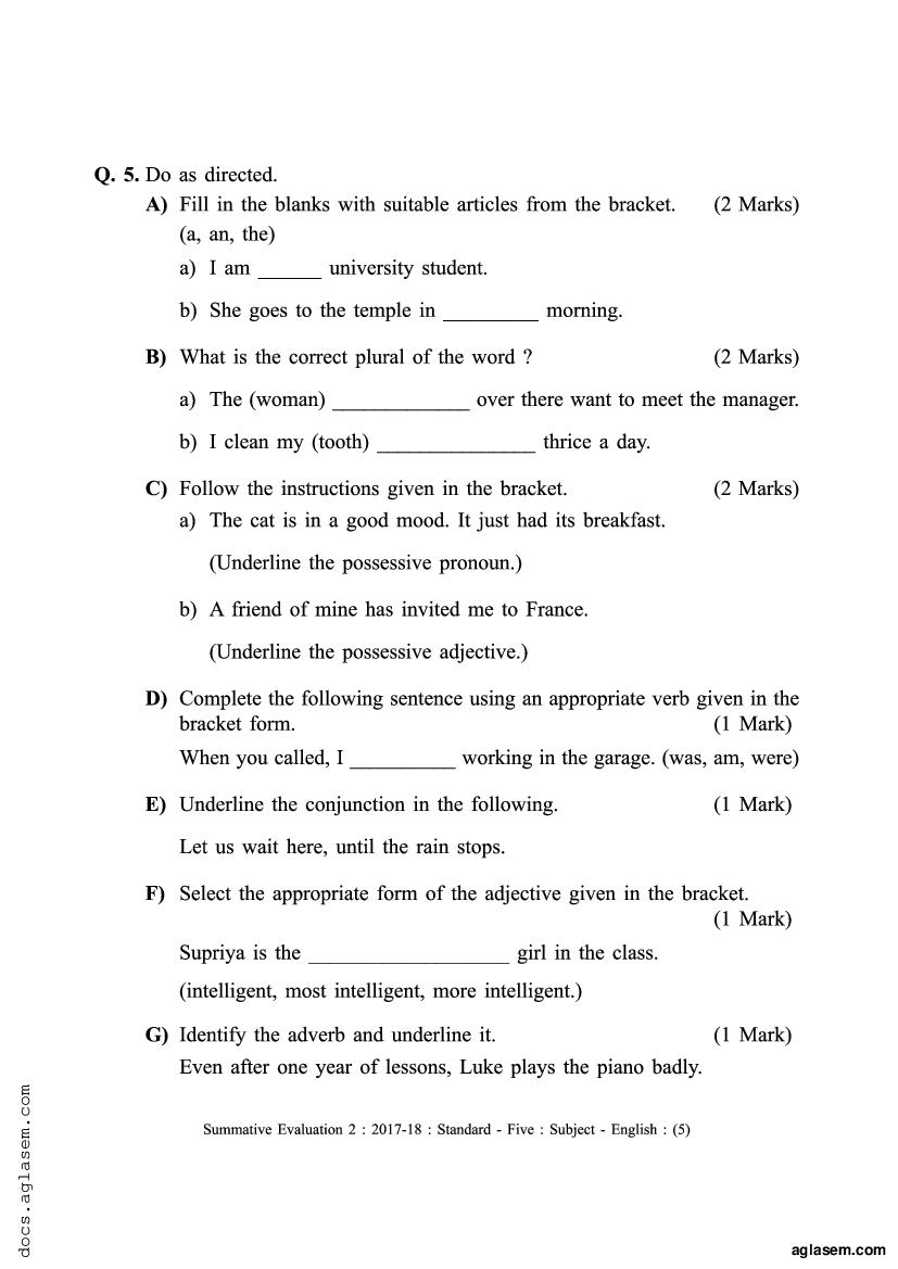 Class 5 English Sample Paper 2023 Maharashtra Board PDF Maha Std 