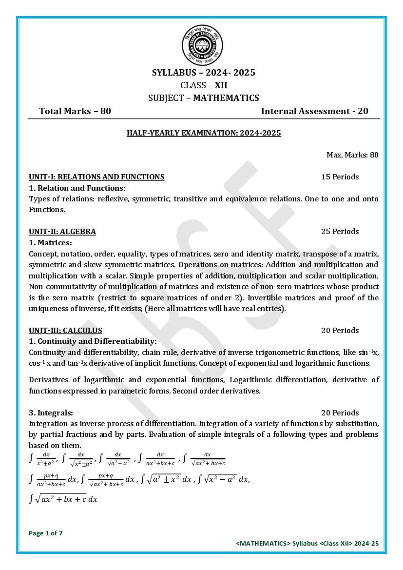 TBSE Class 12 Syllabus 2025 Mathematics - Page 1