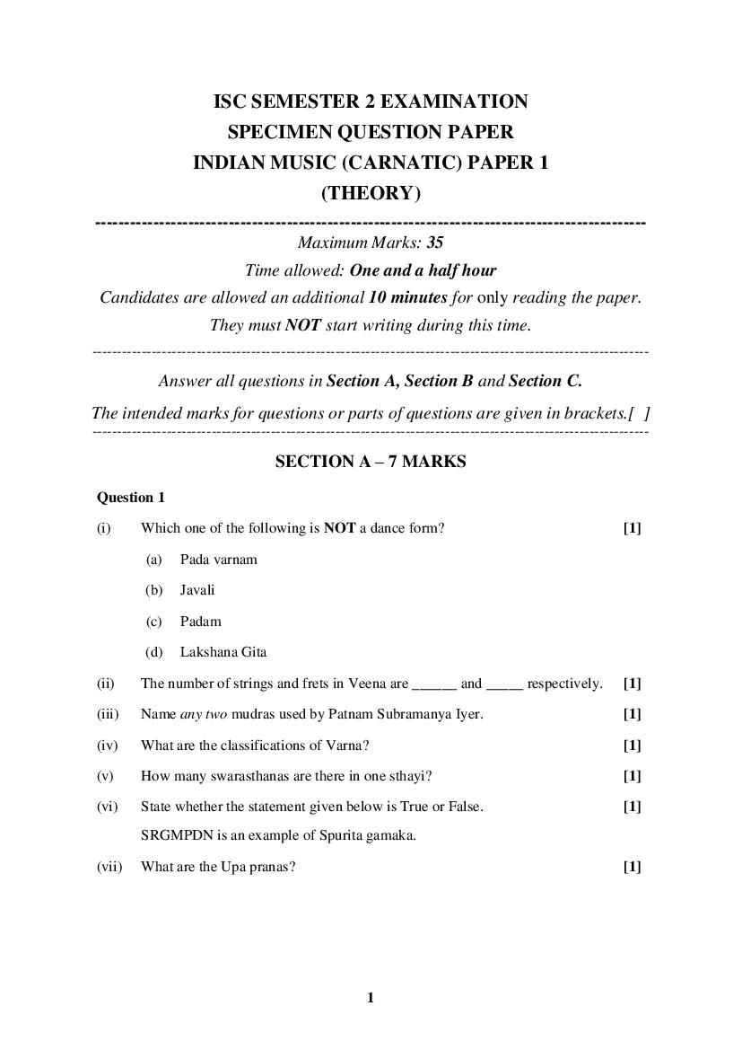 ISC Class 12 Specimen Paper 2022 Carnatic Music Semester 2 - Page 1