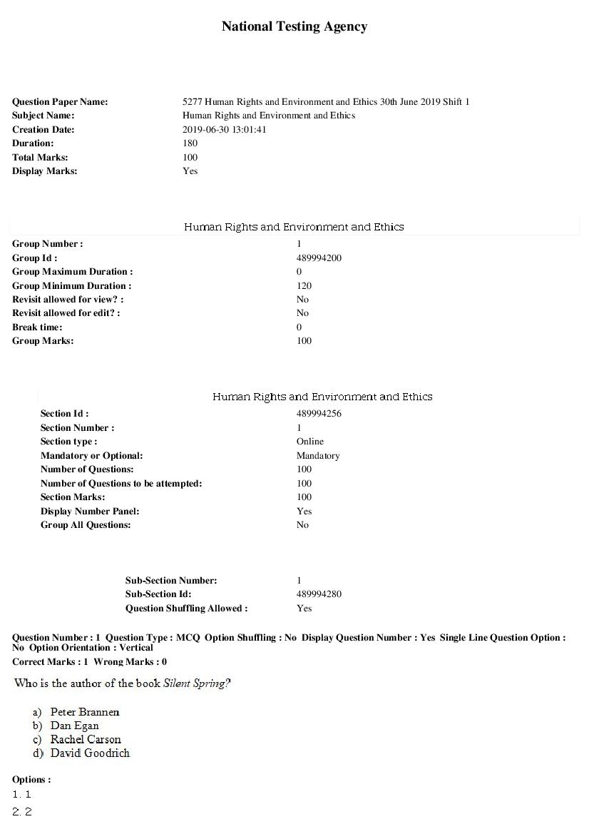 ARPIT 2019 Question Paper for Human Rights and Environment and Ethics Shift 1 - Page 1 of 34