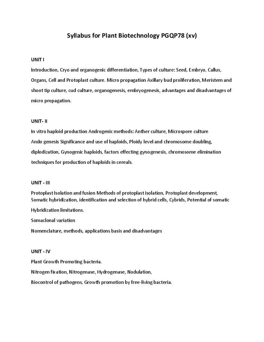 CUET PG 2022 Syllabus PGQP78 (xv) Plant Biotechnology - Page 1