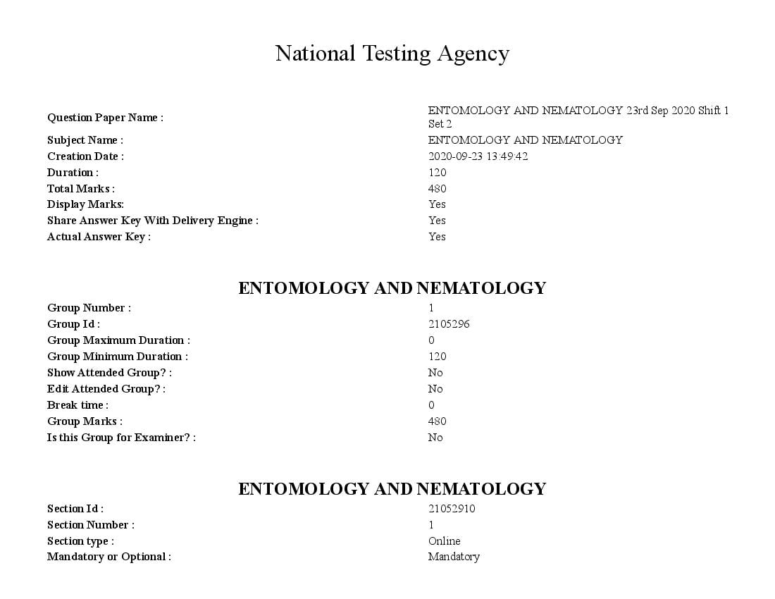 ICAR AIEEA PG 2020 Question Paper Entomology and Nemotology 23 Sep Shift 1 - Page 1