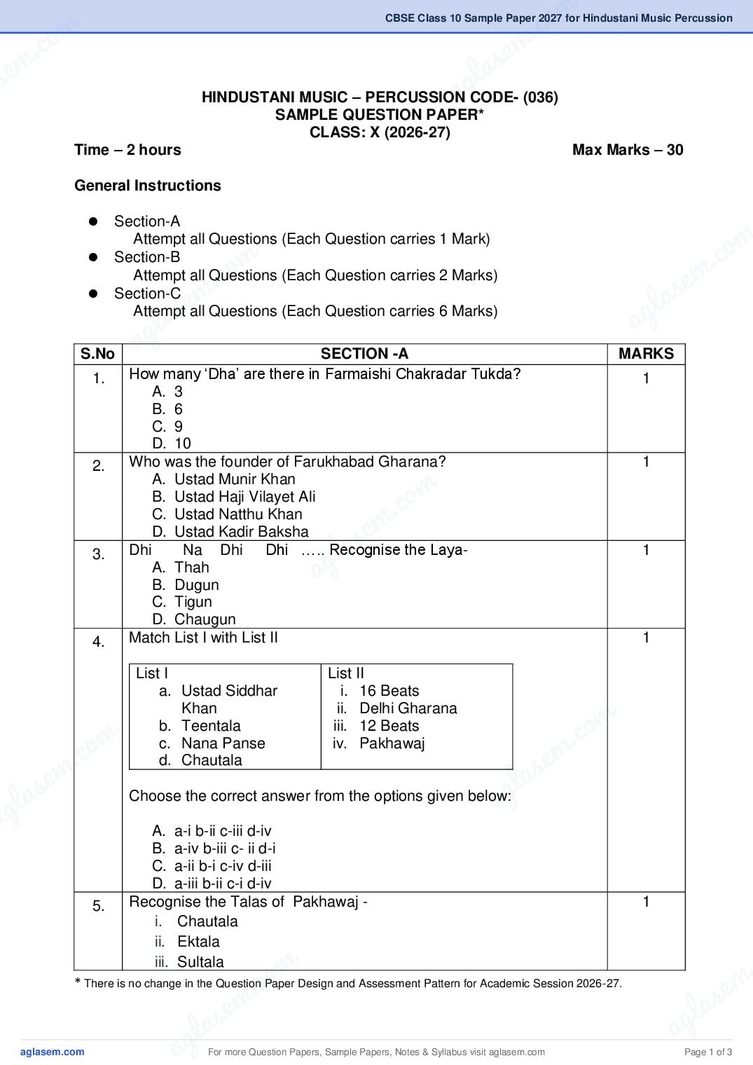 CBSE Class 10 Sample Paper 2027 for Hindustani Music Percussion - Page 1 of 3