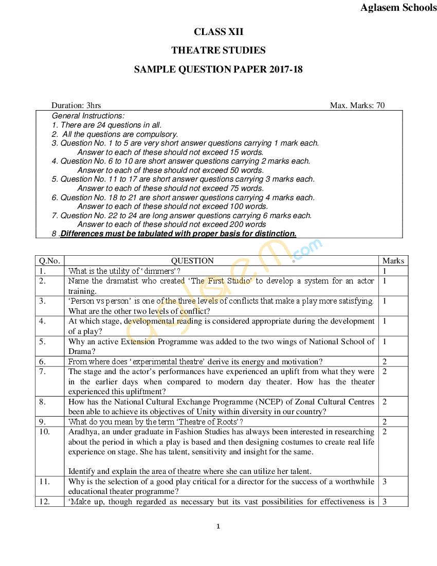 CBSE Class 12 Sample Paper 2018 for Theater Studies - Page 1