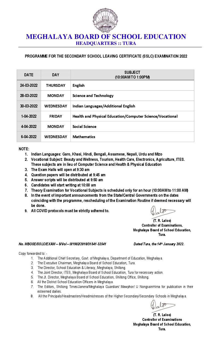 Meghalaya Board Class 10 2022 Time Table - Page 1