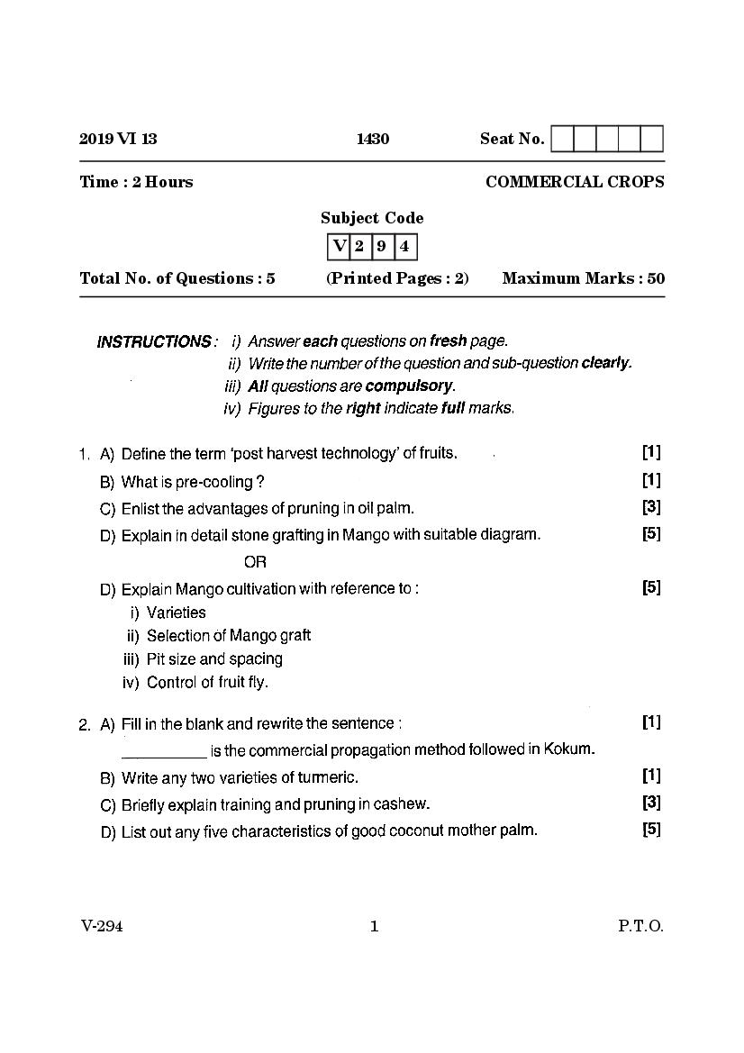 Goa Board Class 12 Question Paper June 2019 Commercial Crops - Page 1