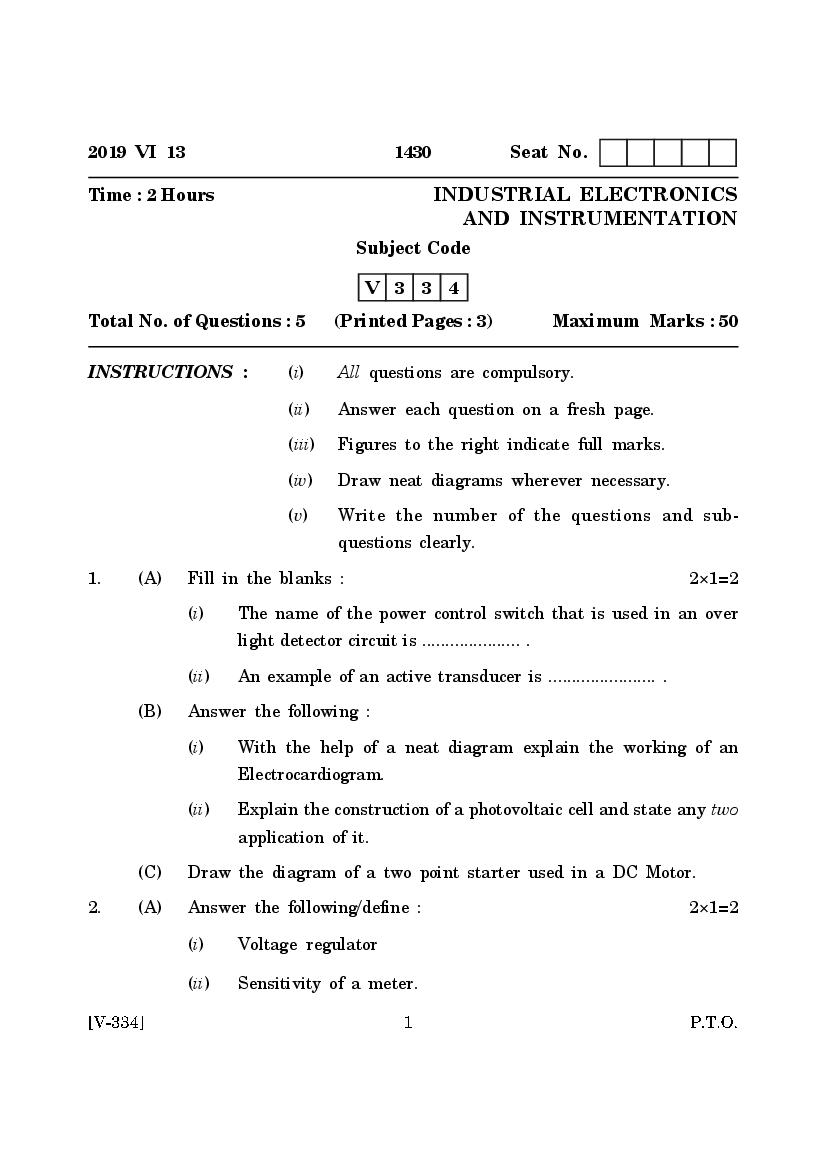 Goa Board Class 12 Question Paper June 2019 Industrial Electronics and Instrumentation - Page 1