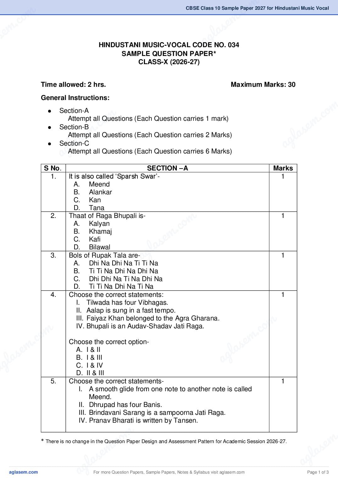 CBSE Class 10 Sample Paper 2027 for Hindustani Music Vocal - Page 1 of 3