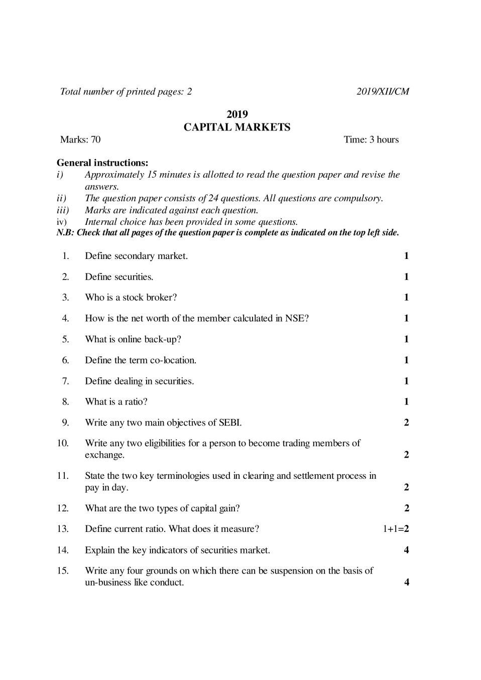 NBSE Class 12 Question Paper 2019 for Capital Markets - Page 1