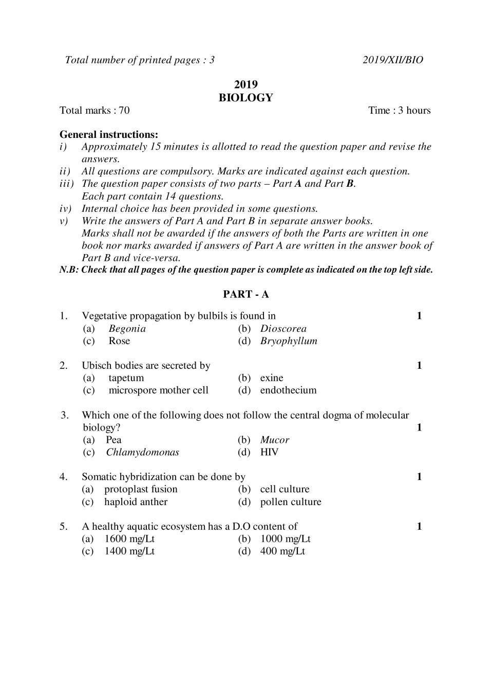 NBSE Class 12 Question Paper 2019 for Biology - Page 1