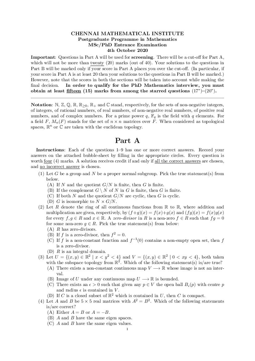 CMI Entrance Exam 2020 Question Paper for M.Sc or Ph.D Mathematics - Page 1