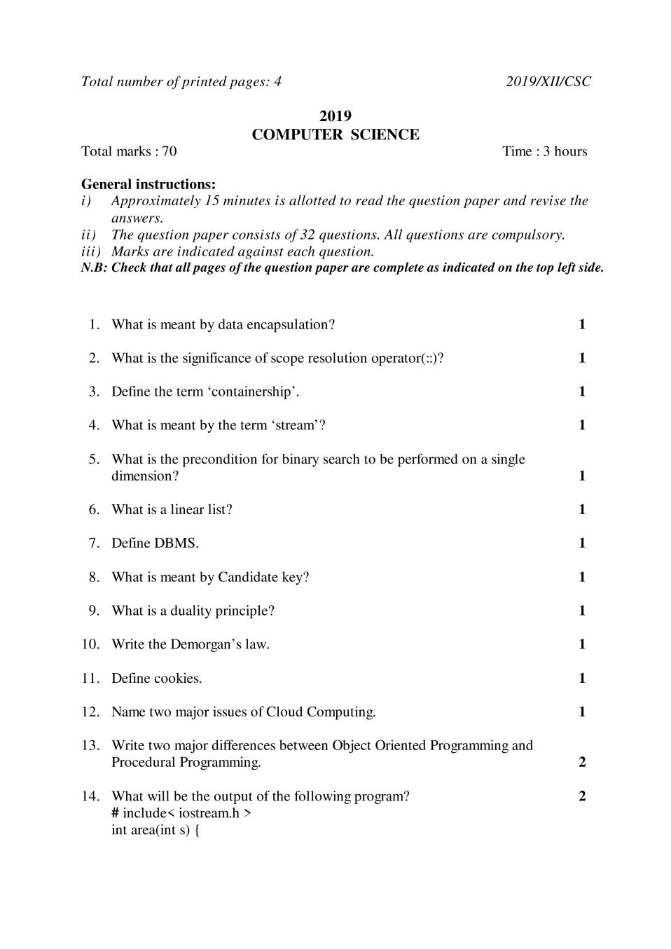 NBSE Class 12 Question Paper 2019 for Computer Science - Page 1