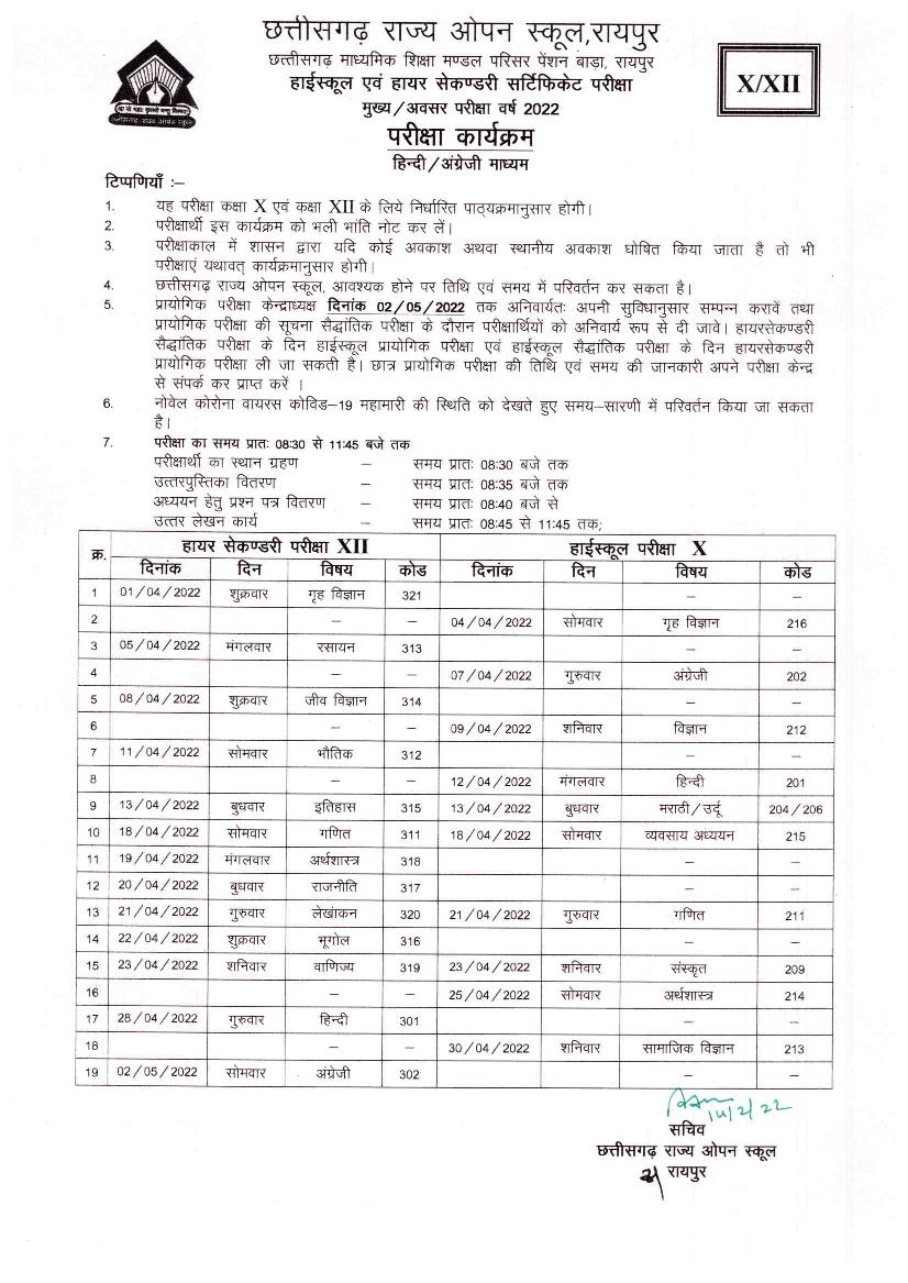 Chhattisgarh Open School 10th, 12th 2022 Exam Time Table - Page 1