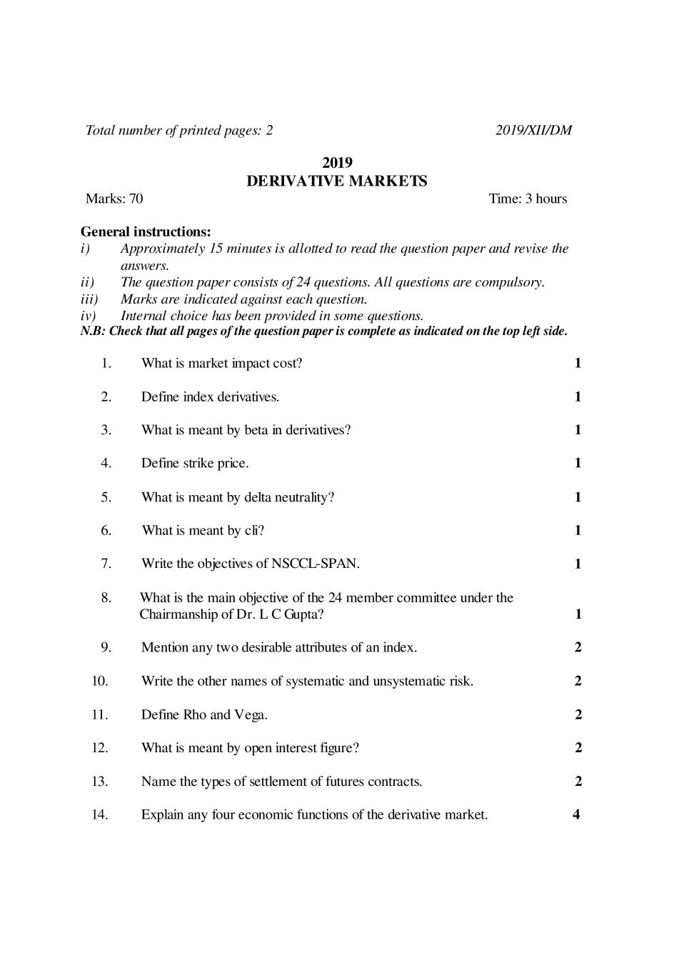 NBSE Class 12 Question Paper 2019 for Derivative Markets - Page 1