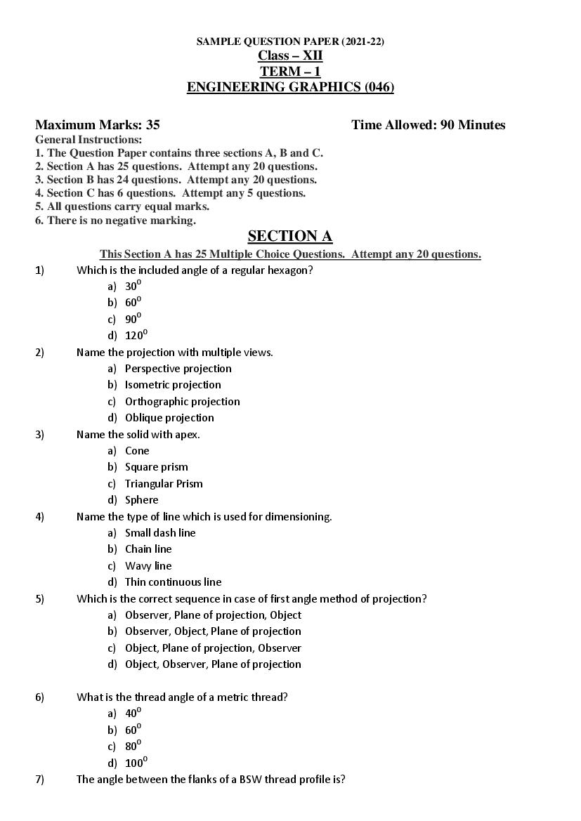 CBSE Class 12 Sample Paper 2022 for Engg Graphics - Page 1