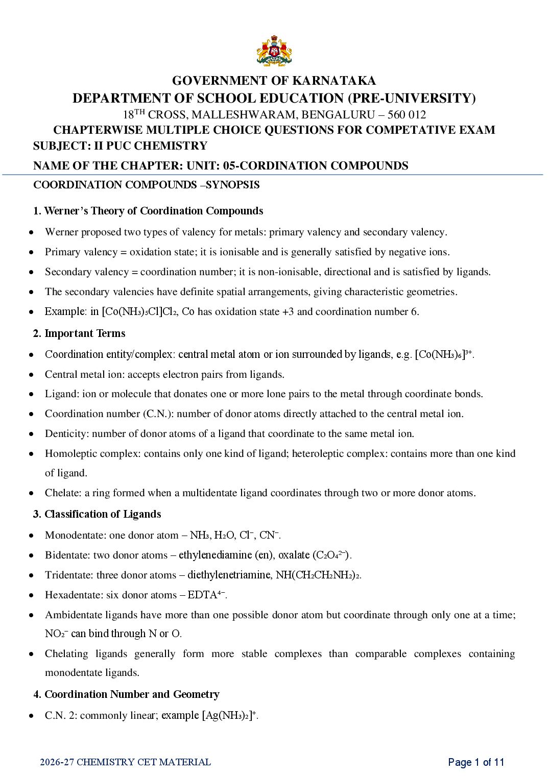 Karnataka 2nd PUC Chemistry Coordination Compounds MCQ with Answers - Page 1 of 11