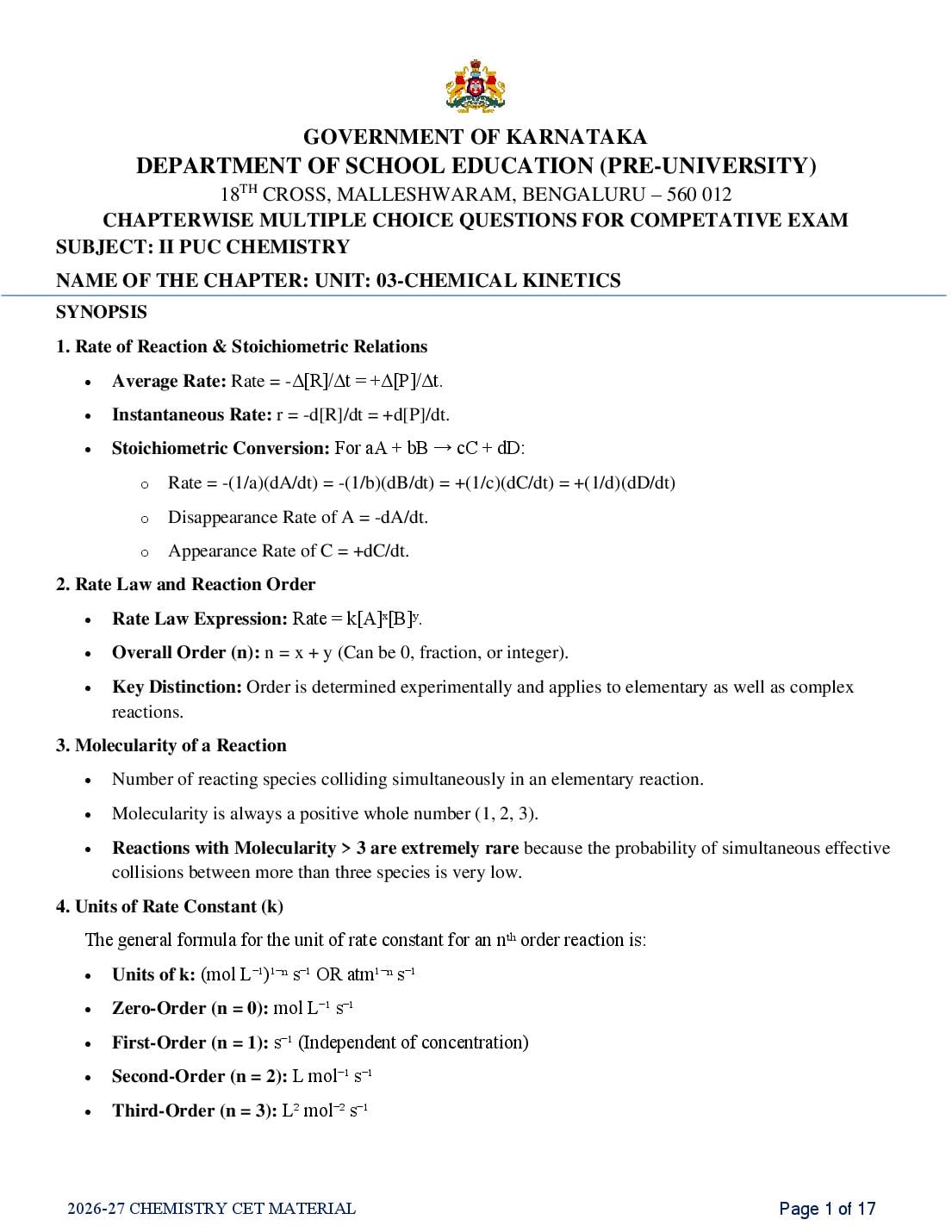 Karnataka 2nd PUC Chemistry Chemical Kinetics MCQ with Answers - Page 1 of 17