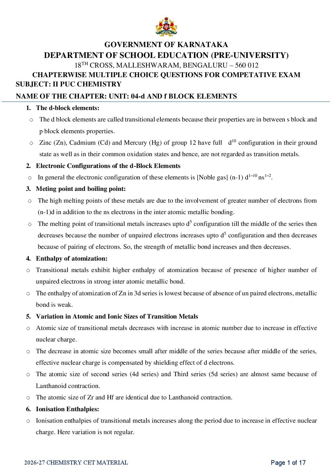 Karnataka 2nd PUC Chemistry d and f Block Elements MCQ with Answers - Page 1 of 17