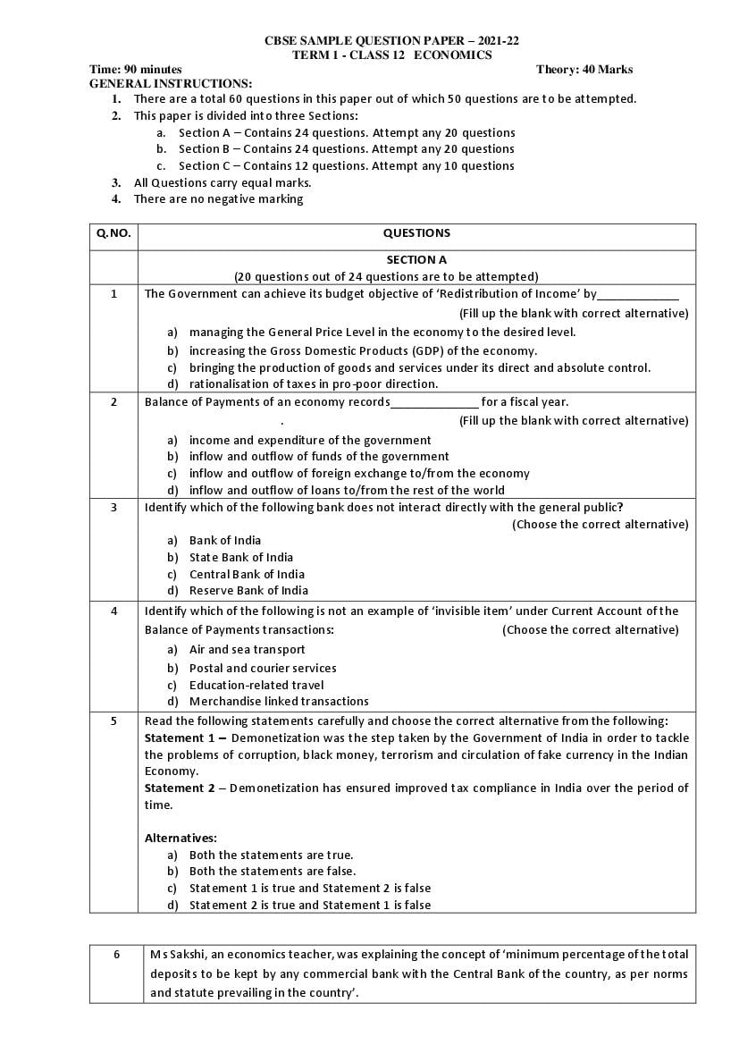 CBSE Class 12 Sample Paper 2022 for Economics - Page 1