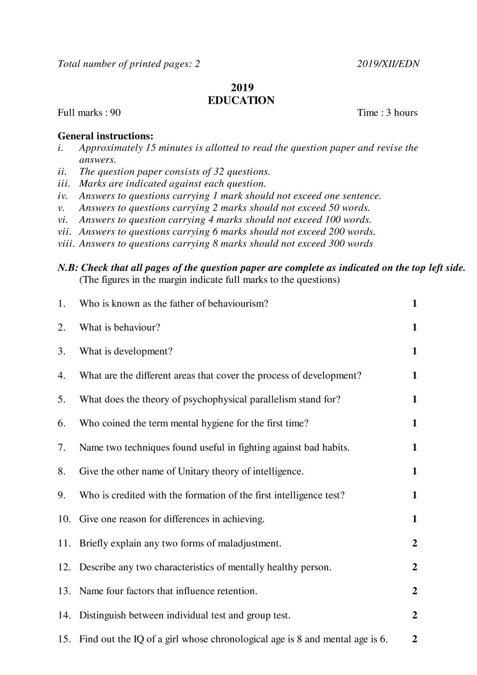 NBSE Class 12 Question Paper 2019 for Education - Page 1
