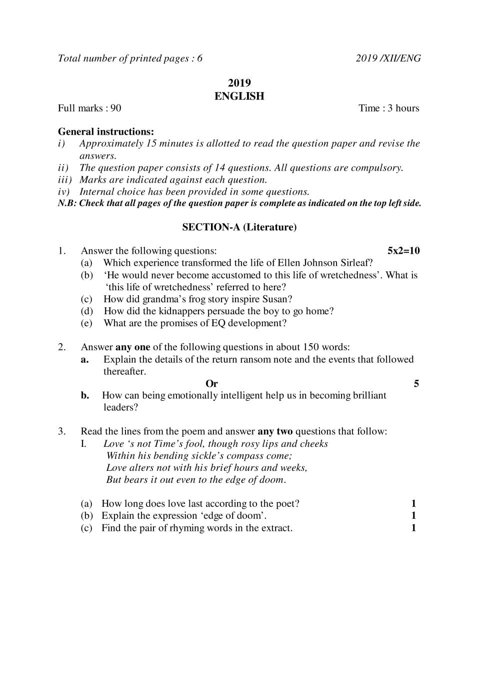 NBSE Class 12 Question Paper 2019 for English - Page 1