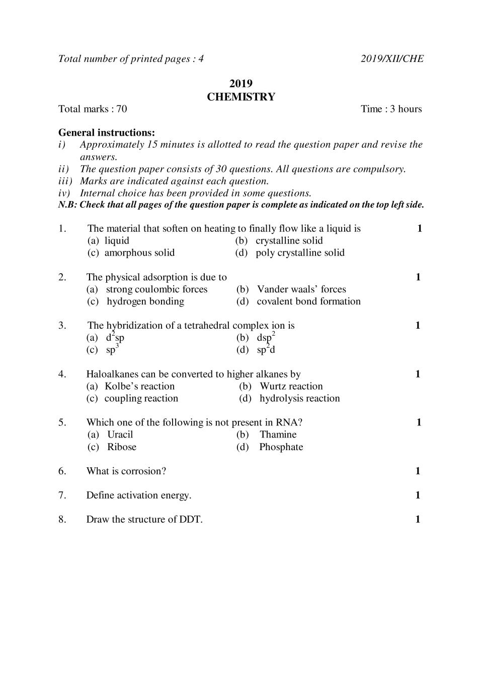 NBSE Class 12 Question Paper 2019 for Chemistry - Page 1