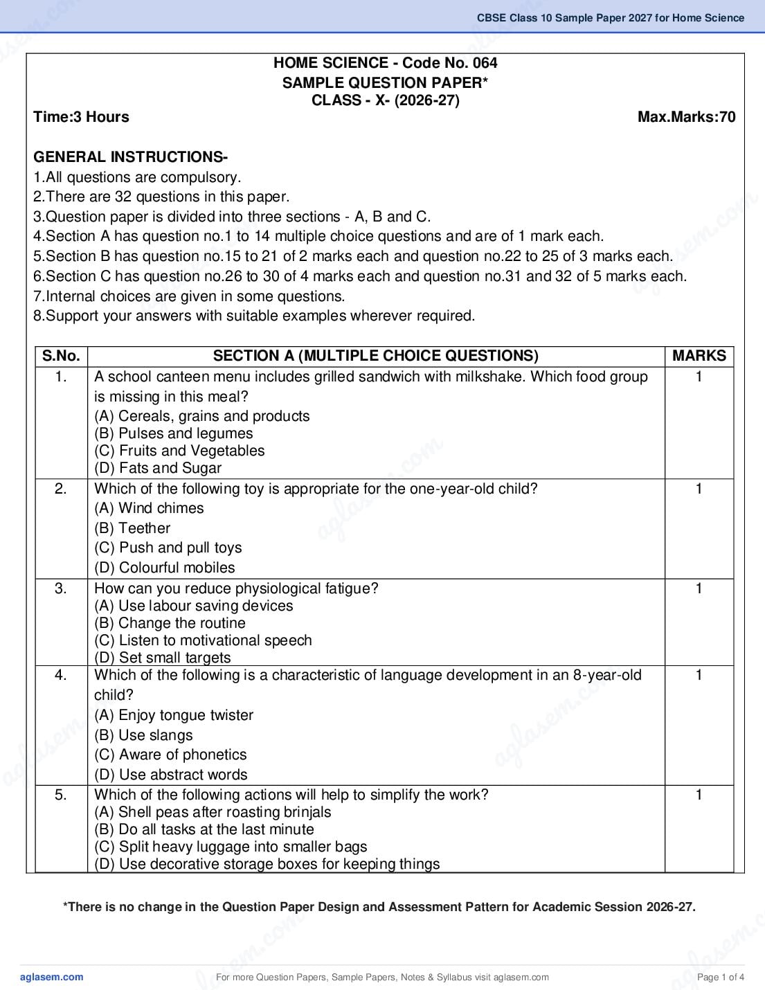 CBSE Class 10 Sample Paper 2027 for Home Science - Page 1 of 4