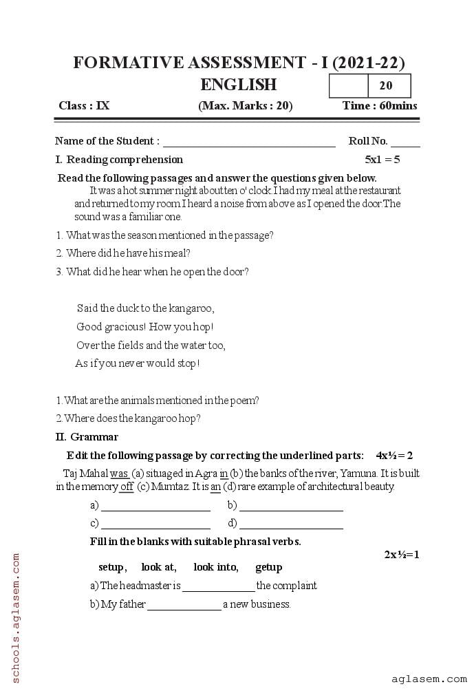 AP 9th Class Question Paper 2021-22 FA1 English - Page 1
