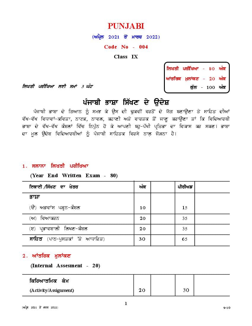 CBSE Class 9 Punjabi Syllabus 2021-22 - Page 1