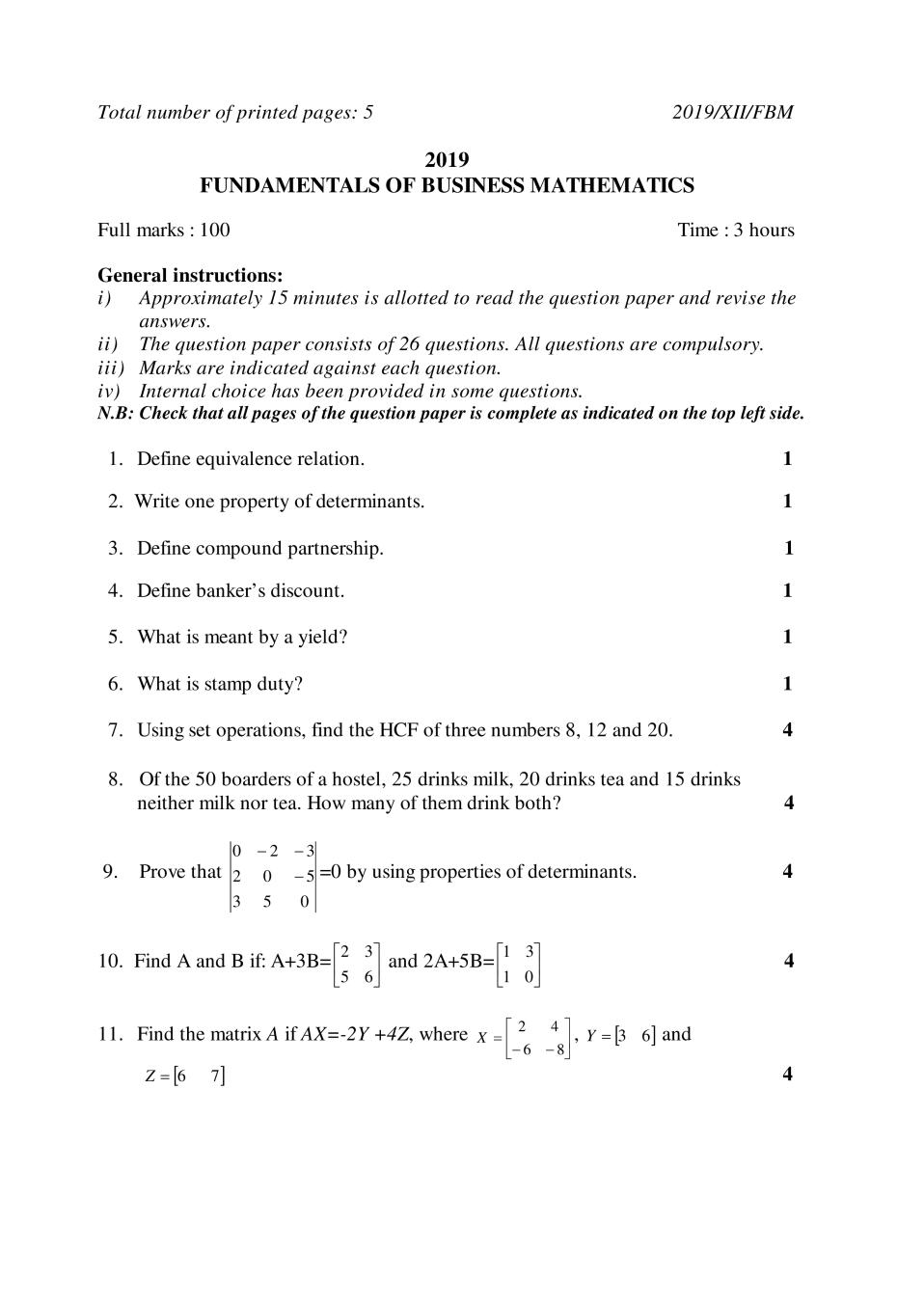 NBSE Class 12 Question Paper 2019 for Fund of Business Maths - Page 1