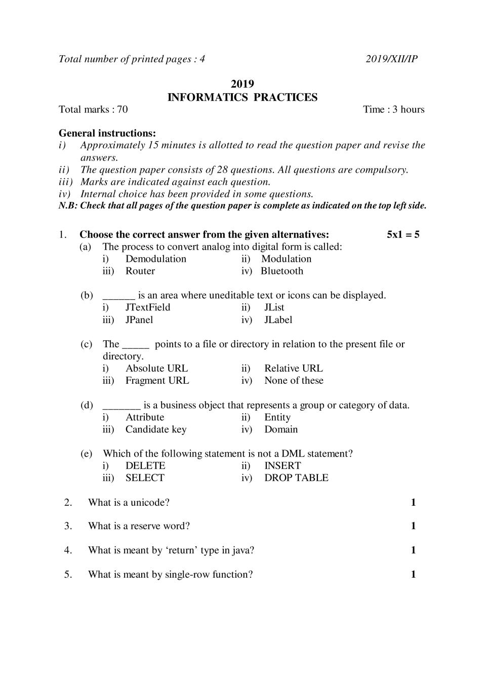 NBSE Class 12 Question Paper 2019 for Informatic Pratices - Page 1