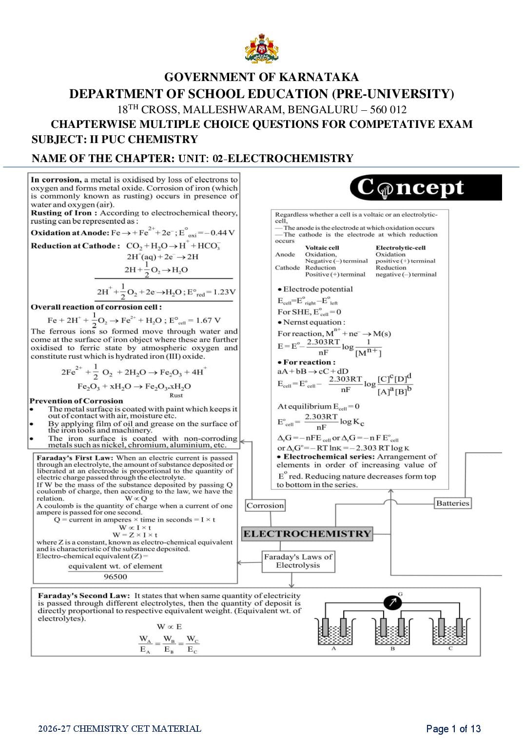 Karnataka 2nd PUC Chemistry Electrochemistry MCQ with Answers - Page 1 of 13