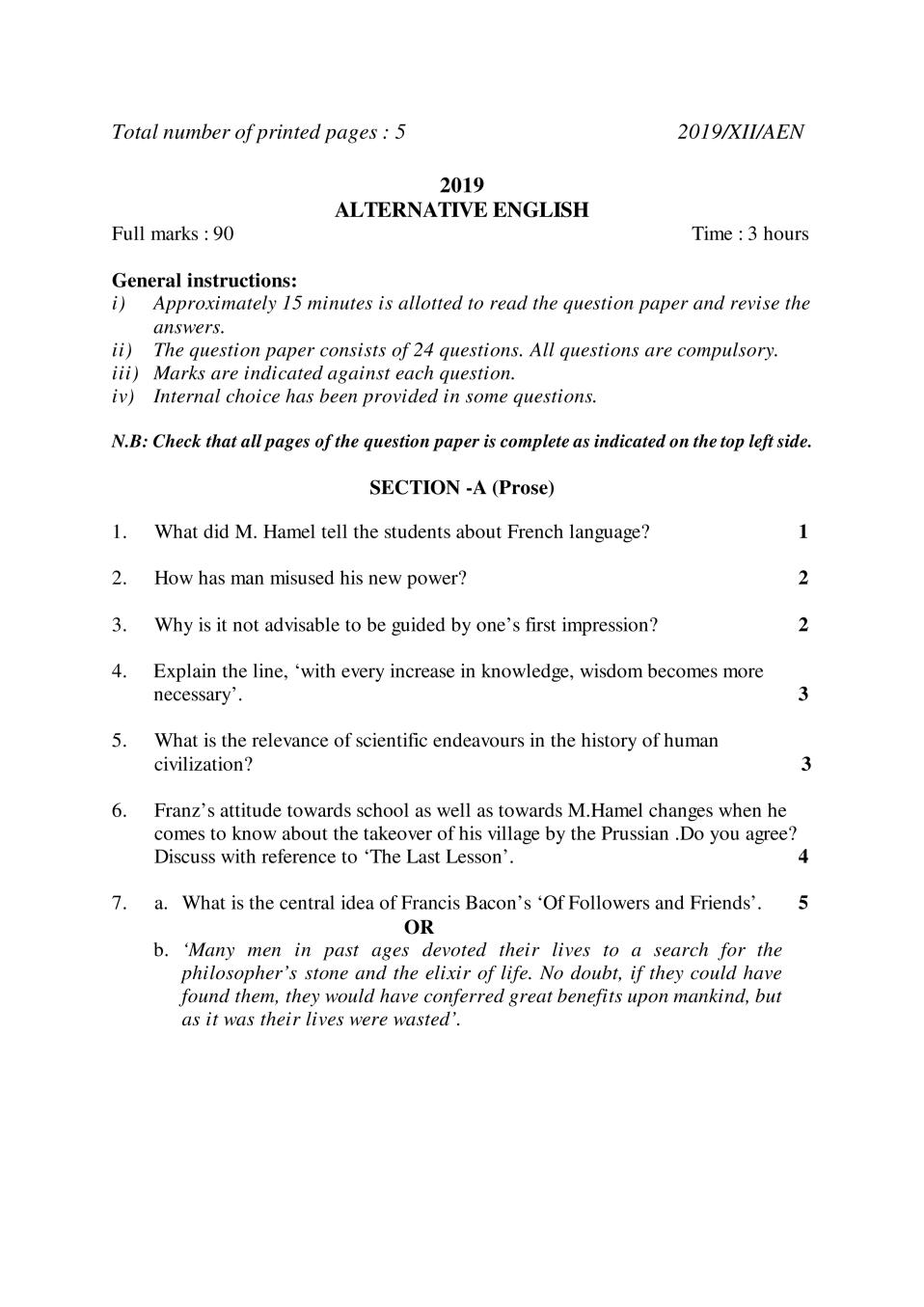 NBSE Class 12 Question Paper 2019 for Fund of Alternative English - Page 1