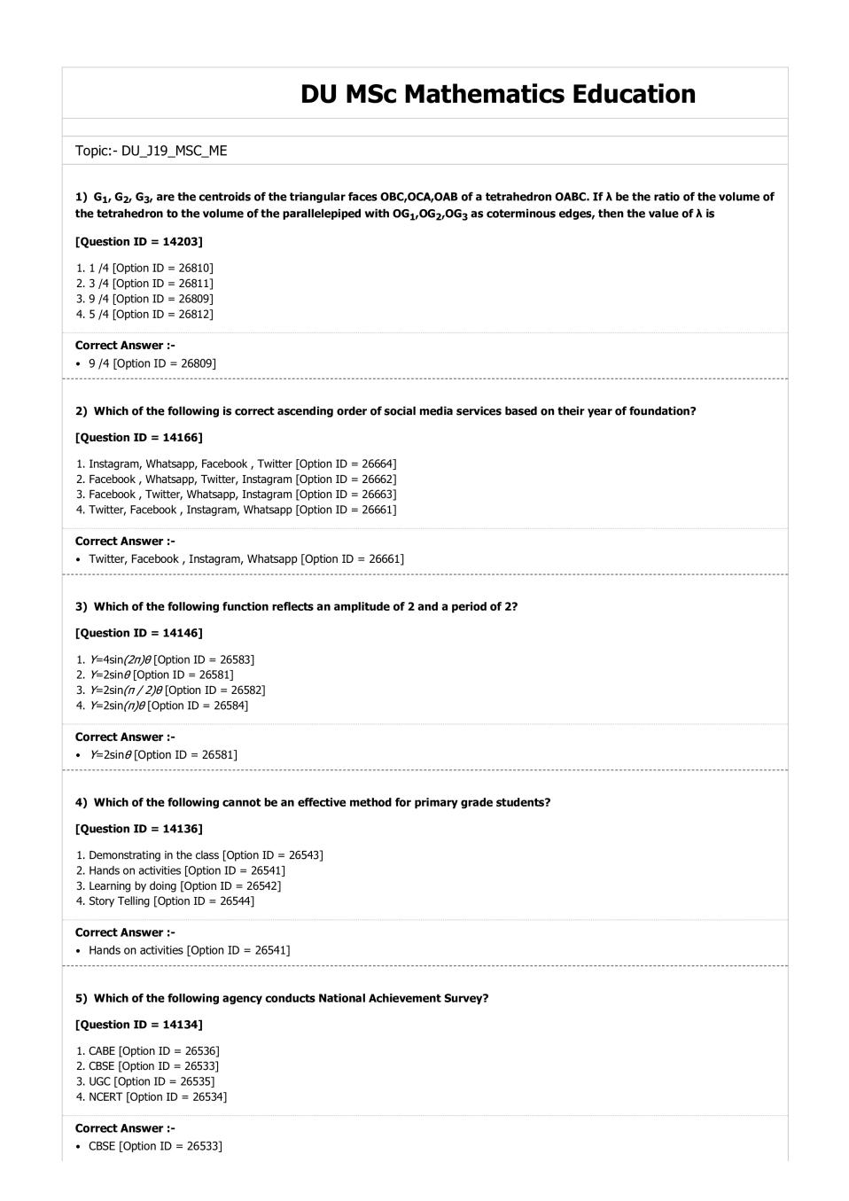 DUET Question Paper 2019 for M.Sc Mathematics Education - Page 1